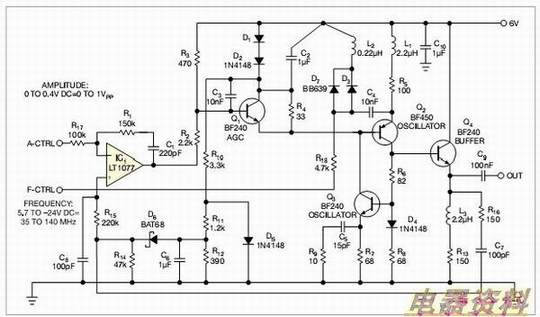 图2,具体设计时,将LC储能电路移至PNP晶体管。变容二极管D7和D3提供电容,L2是电感。