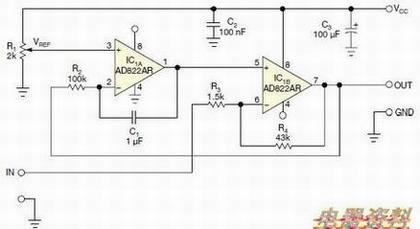 图1,用作一个dc偏置补偿器的超声传感器电路。